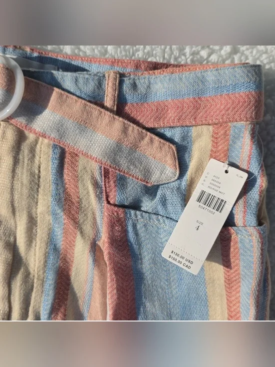NWT Anthropologie Beachy Wide-Leg Pants w Belt Size 4 Yellow Blue Linen Pockets - Picture 12 of 16